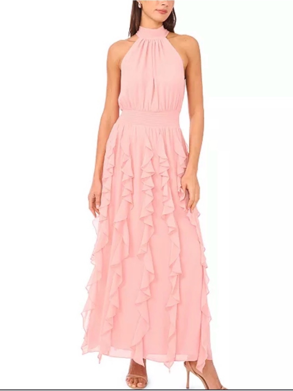 1.State Women’s Pink Smocked Cascade-Ruffle Halter Maxi Dress